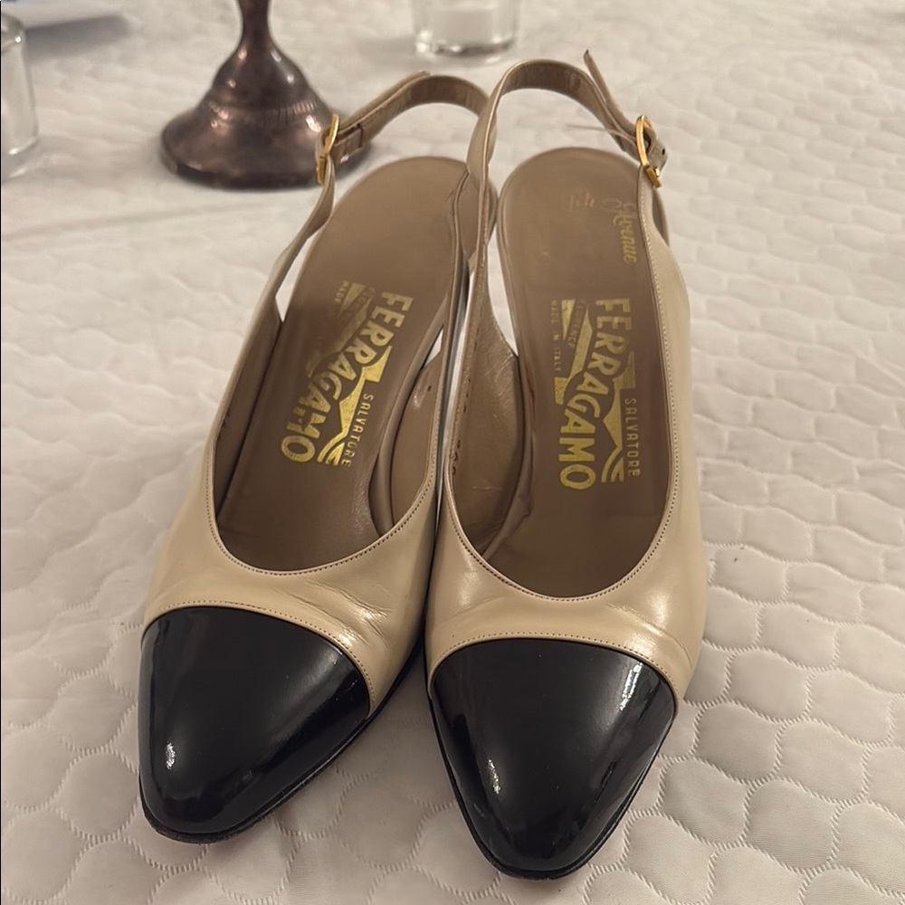 Salvatore Ferragamo Beige and Black Women's sling backpumps